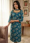 Teal Blue Floral Print Aline Kurti (FPK001)