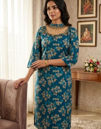 Teal Blue Floral Print Aline Kurti (FPK001)